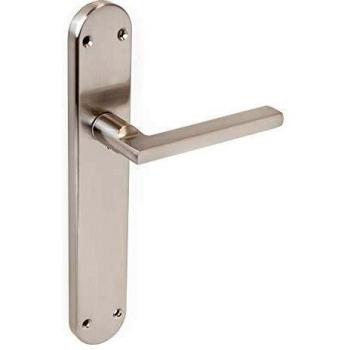 Emuca - Manetas para puertas de interior, juego de manillas para puerta de paso con placa 43x250 mm, Aluminio y zamak, Níquel satinado.