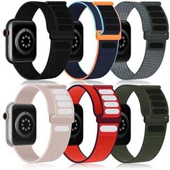 UKETO Nylon Strap Compatible with Apple Watch Straps 38mm 40mm 41mm 42mm 44mm 45mm, Breathable Adjustable Sport Replacement Band Compatible with iWatch Series 7 6 5 4 3 2 1 SE, 6 Pack Straps