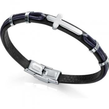 Pulsera Viceroy Air Hombre con Cruz y Detalles en Acero, Piel Negra y Cordón de Piel Azul Superpuesto