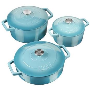 Teal Enamelled Cast Iron Casserole Dish Set - 3 Sizes (20cm, 26cm, 28cm) with Lids and Handles - Oven & Induction Compatible