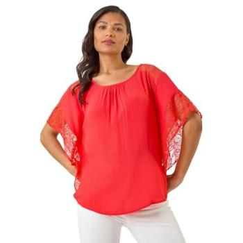 Blouse Femme à Manches avec Insertions en Dentelle Froncées Corail Taille 20