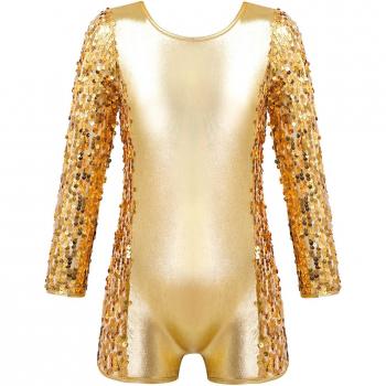 Kids Long Sleeve Shiny Sequins Ballet Dance Unitard Leotard for Gymnastics