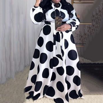 Afrikaanse Grote Dot O Hals Vintage Lange Maxi Jurk met Lint en Kanten Mouwen voor Vrouwen