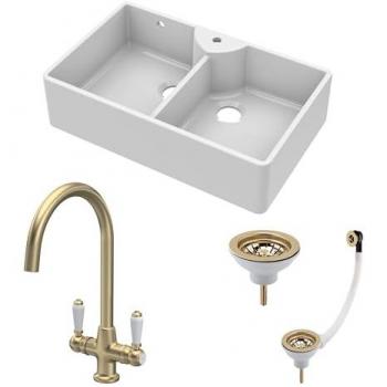 Brushed Brass Fireclay Double Bowl Butler Kitchen Sink Bundle with Mono Tap and Wastes - 895mm