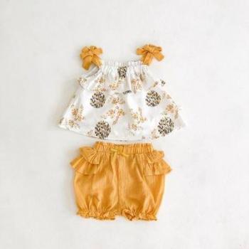 Ensemble d'été 2 pièces pour bébé fille, haut sans manches à nœud papillon et pantalon à bascule en feuille de lotus, 2022