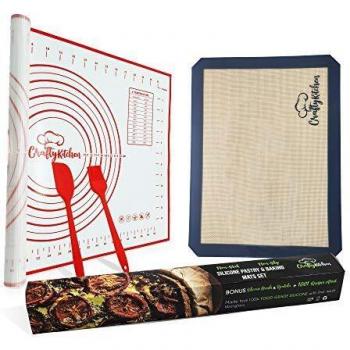 5 Pieces, Non Stick Silicone Baking Mat Sheet and Large Pastry Mat with Measurements Reusable Set Including Silicone Spatula and Pastry Brush Utensil Kit + 1001 Recipes eBook