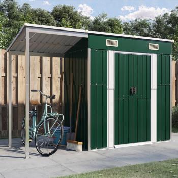 vidaXL Garden Shed with Extended Roof Green 277x110.5x181 cm Steel