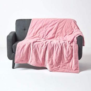 Homescapes Large Luxury Blush Pink Velvet Throw - 150 x 200 cm, Super Soft Thick Cotton Velvet Blanket with Handwoven Embroidered Dots and Thick Quilting, Cosy and Warm Bedspread Sofa or Bed Throw