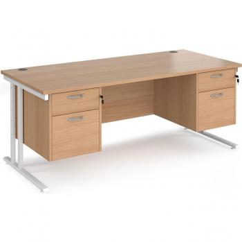 Maestro 25 Straight Desk with Two 2-Drawer Pedestals - White Cantilever Legs, Beech Top