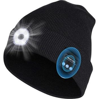LED Bluetooth 5.0 Knit Cap with Built-in Stereo Speakers and USB Rechargeable Light for Outdoor Sports