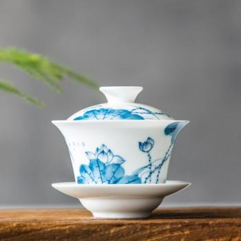 Hand-Painted Blue and White Gaiwan Tea Set - Porcelain Kung Fu Teaware with Ceramic Bowl