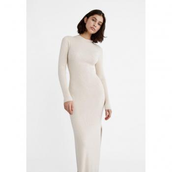 Stone High Neck Ribbed Knit Midi Dress L