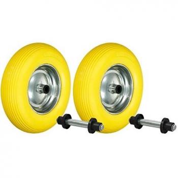 ECD Germany 2 x Roue de Brouette 4.80/4.00-8 - en Caoutchouc Solide PU Increvable - avec Essieu Axe - Diamètre Roue 390 mm - Jaune - Roue de Secours Chariot de Transport - Capacité Charge 200 kg