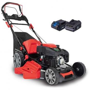 Tondeuse à gazon essence hybride Scheppach MS225-56E, démarrage électrique, 6.0 CV, largeur de coupe 56 cm, fonction mulching et nettoyage, bac de ramassage 65 L