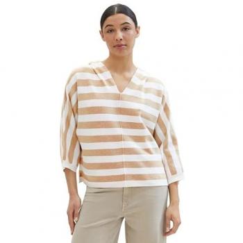 Beżowy sweter damski TOM TAILOR z tencelu, w paski, 3/4 rękaw, rozmiar L