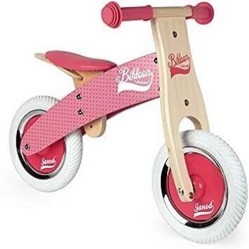 Janod - My First Balance Bike Little Bikloon - Wooden Kids Bike - Vintage Look - Balance and Autonomy Training - Adjustable Saddle and Inflatable Tyres - Colour Pink - From Age 2