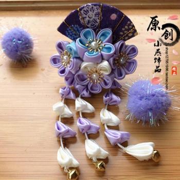 Ornement de cheveux en kimono style ancien avec ventilateur Sakura Tsumami zaiku kanzashi et fleur en gland pour clip de cheveux fait main