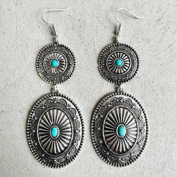 Vintage Silver Turquoise Oval Concho Three-Tier Dangle Earrings for Her
