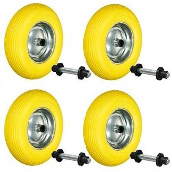 ECD Germany 4 x Roue de Brouette 4.80/4.00-8 - en Caoutchouc Solide PU Increvable - avec Essieu Axe - Diamètre Roue 390 mm - Jaune - Roue de Secours Chariot de Transport - Capacité Charge 200 kg