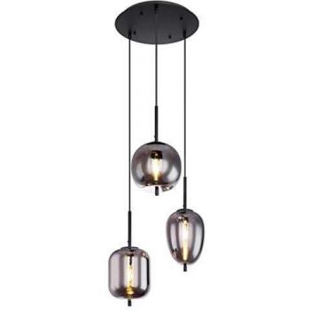 Lampada a Sospensione Blacky, 3 Luci E14, Vetro Nero/Grigio Fumo, Ø 46 cm, Altezza 120 cm
