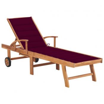 Cama solar de teca sólida con almohada roja tinto y cojín, tipo tumbona día y noche