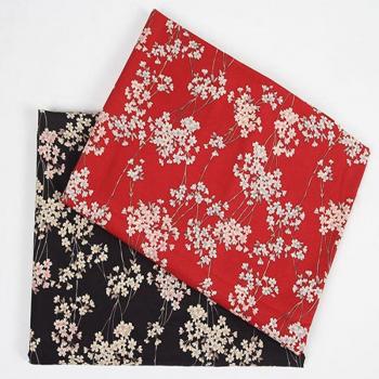 Tissu en coton imprimé traditionnel Sakura Oriental noir et rouge 50x135cm pour couture DIY, robe et sac