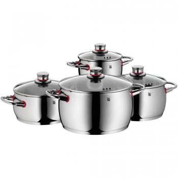 WMF Quality One - Batería de cocina, 4 Piezas, acero inoxidable, inducción, asas termorresistentes , 1 cacerola baja de 20 cm, 3 cacerolas altas de 16 cm, 20 cm y 24 cm con tapa