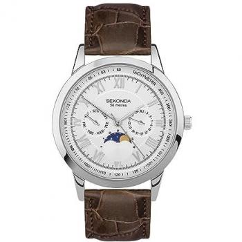 Sekonda Men's Silver Moon Phase Watch 30146 with Brown Leather Strap and Day/Date Display