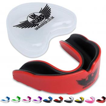 Uk warrior gum shield mouth guard gum guard gumshield ideal for contact sports martial arts karate rugby mma boxing hockey football red black adult 7 years old