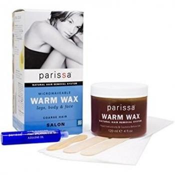 Parissa Warm Wax (Microwaveable), Hair Removal Waxing Kit Professional Strength for Body Waxing, 4 fl oz (120ml) Wax, 3 Spatulas, 20 Strips & 8ml Azulene Oil