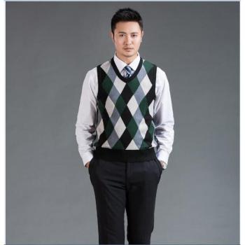 Herren ärmelloser Argyle Pullover Weste mit V-Ausschnitt und kontrastierenden Farben aus Wolle