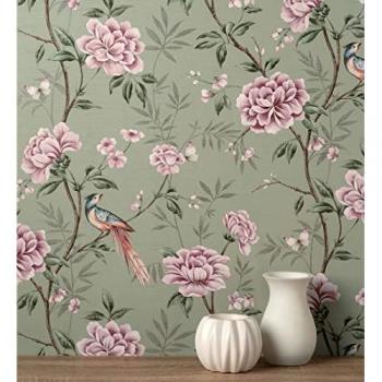Papel Pintado Verde Texturizado de Pájaros y Flores - Rollo 10 m x 0,52 m - Nora Garden 681988 de GAULAN