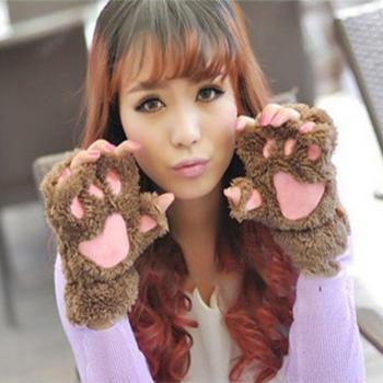 Gants Mitaines Peluche Hiver Femmes Pattes de Chat à Doigts Courts et Fluffy