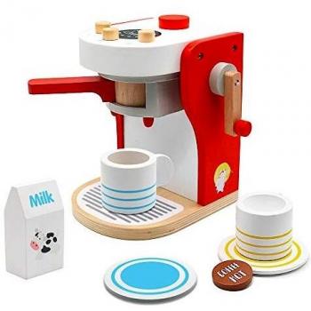 Toy Coffee Machine Wooden Toys- Cafe Role Play Coffee Maker Pretend Toy Tableware Kitchen Tea Set Toy for Girls Boys 3 4 5 Years